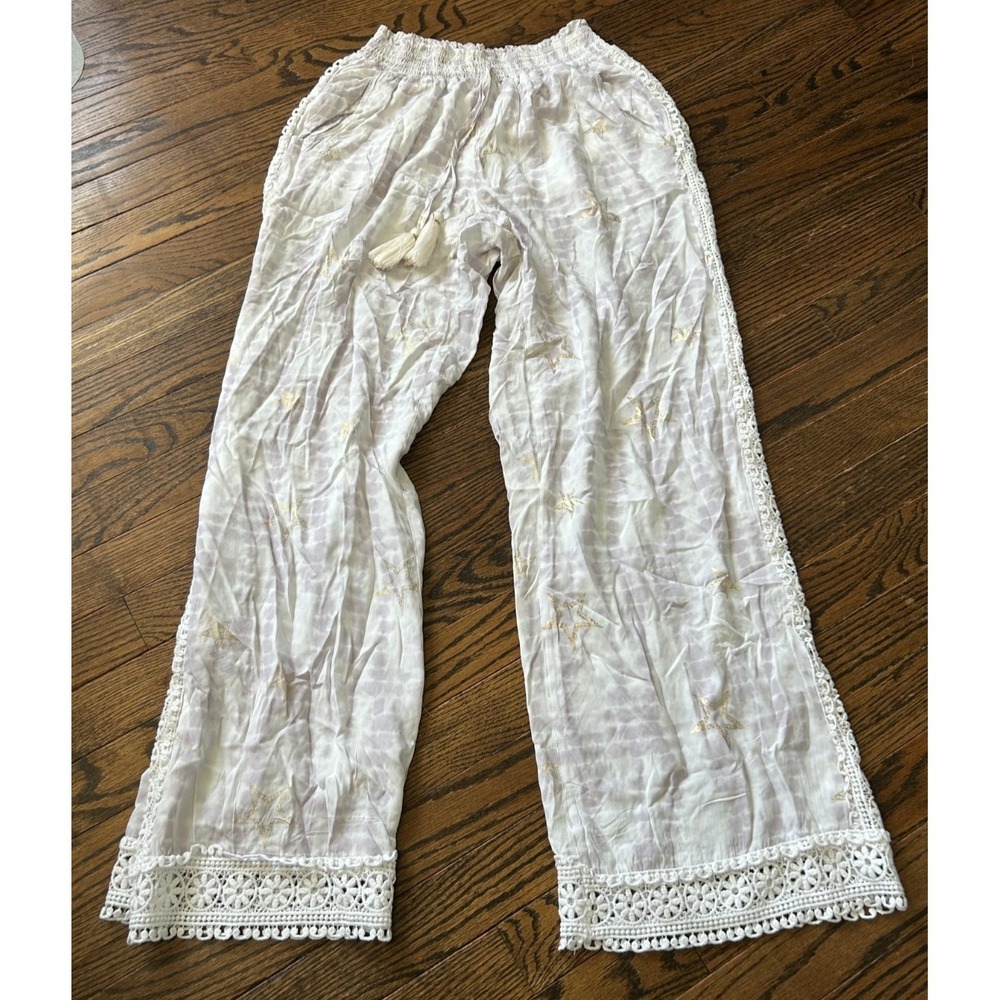 Surf Gypsy Pants Womens M Star White Purple Boho Wide Leg Festival Lace Trim